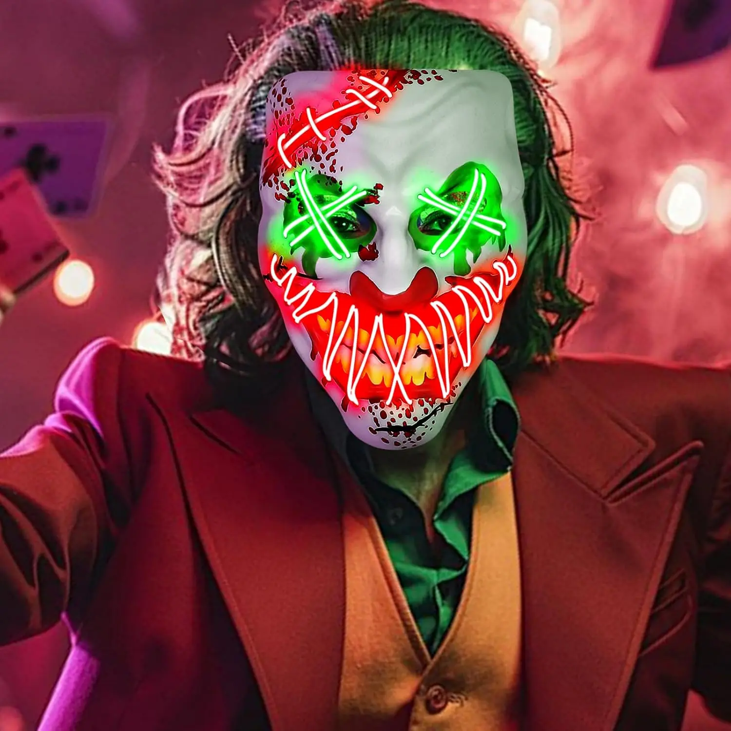 Scary LED Clown Mask - Glowing Neon Halloween Creepy Clown Light Up Mask