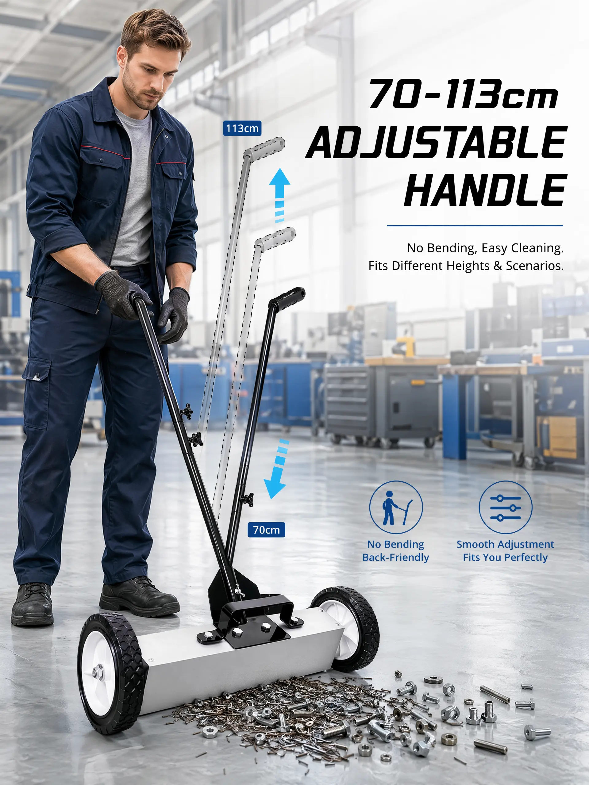 Rolling Magnetic Floor Sweeper - 30 lb Capacity - Extends from 27" to 44" - Easy Cleanup of Workshop, Garage, Construction Site