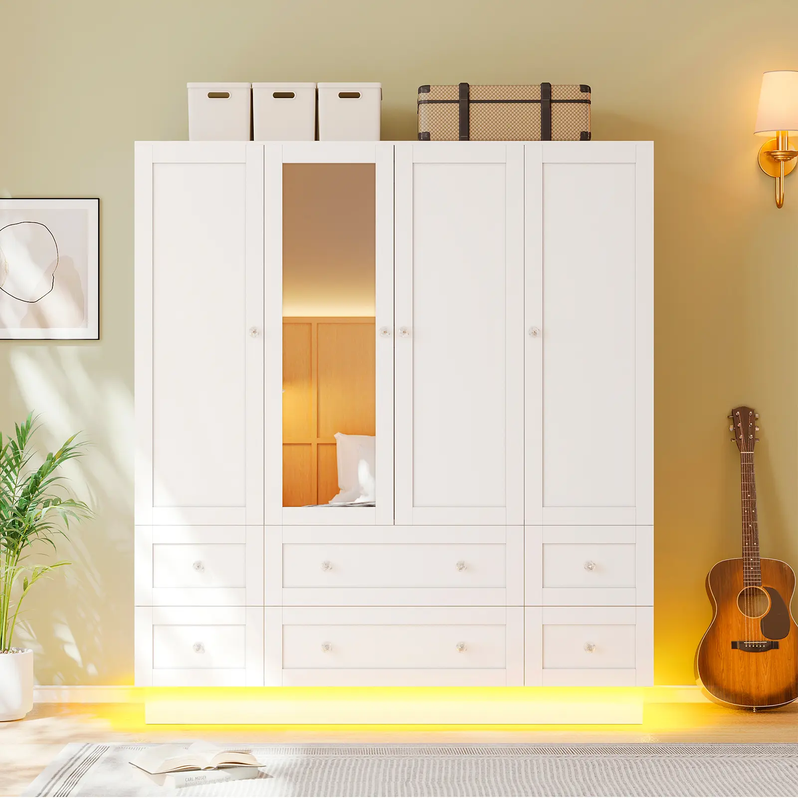 VOWNER 63" Wardrobe Armoire with Full-Length Mirror, 6 Drawers, RGB LED Base Lights, 4-Door Closet Cabinet with 2 Hanging Rods, Storage Shelves & Anti-Tip Kit, White