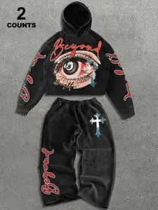 Unisex Short Cropped Hoodie Pants Set with Graphic Print, Comfortable Fitted Design, Casual Streetwear for Spring & Fall, Blue Cross Pattern