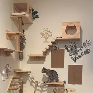 Wall-Mounted Cat Climbing Stairs, Indoor Cat Activity Step Ladder, Feline Wall Furniture with Hemp Rope for Cats