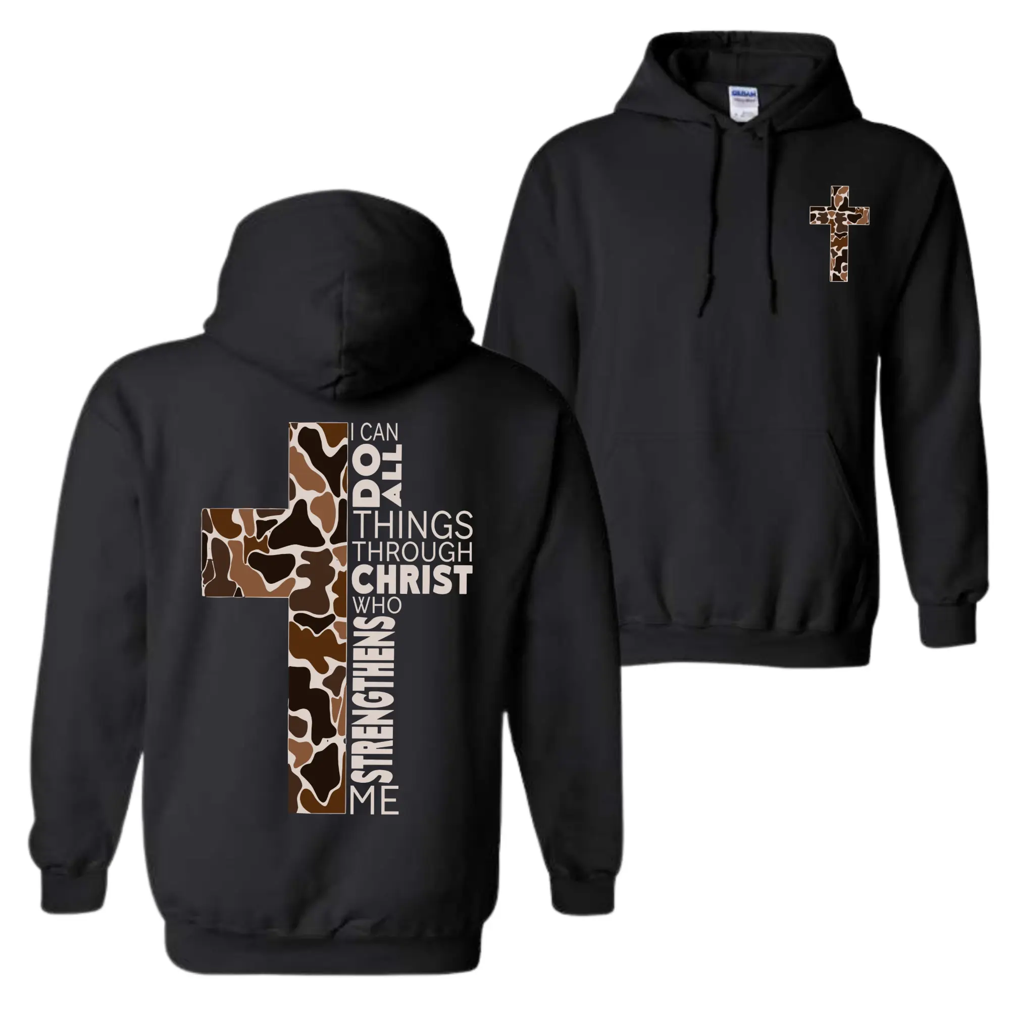Christian Camo Cross Hoodie and T-Shirt, Philippians 4:13 Bible Verse Apparel, Faith Based Streetwear Casual Graphic Top for Outdoorsmen