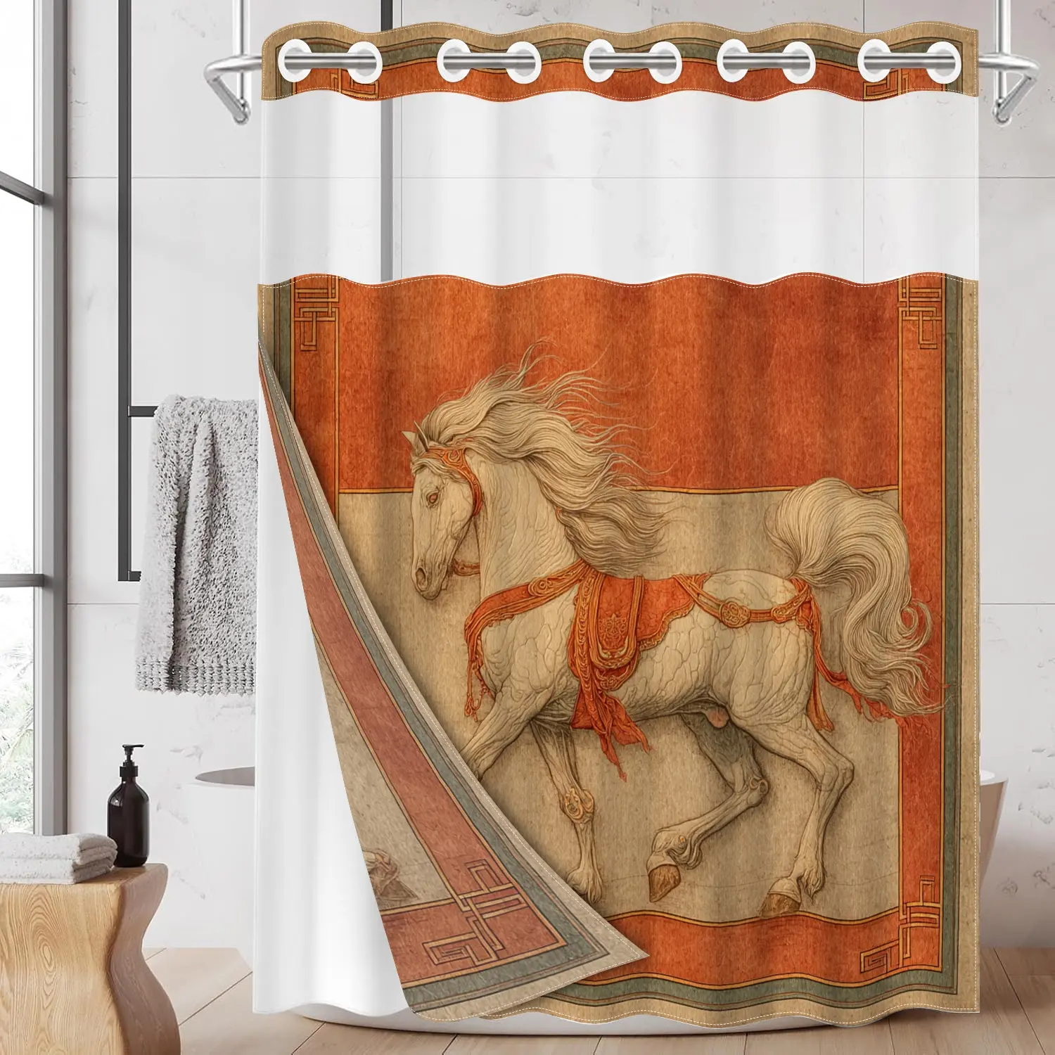 1pc hookless shower curtain with snap fastener, ancient-style white horse pattern 2D Flat Printing, fabric waterproof inner lining with transparent window double-layer, Shower Curtain Liner, 71 x 74 inches, modern home decoration