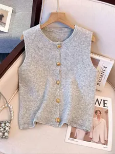 Women's Solid Color Button Front Sweater Vest, Casual Sleeveless Round Neck Knitwear for Summer, Old Money Style Tank Top