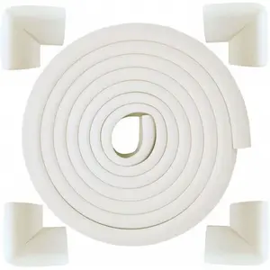 [1 Roll + 4 count Set] Baby Proof Corner Guards L-Shaped Edge Protectors - Self-Adhesive Soft Foam Furniture Corner Guards for Table Cabinet Wall, Baby Safety Protection for Fireplace (Off White)-USA