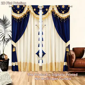 2 pieces of blue gold light luxury style pattern polyester semi transparent curtains, Home textile, modern four season design, 100% polyester, filter, with pole bag, easy to hang, suitable for kitchen, bedroom, living room, Digital Printing