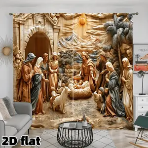 2D Flat 2Pcs Classic Religious Scene Printed Curtains, Vintage Relief Art Design, Semi-Sheer Window Treatment Panel, Golden Brown Earth Tone, Rod Pocket Style, Suitable for Living Room Bedroom Church Study Decor, Home Decoration Curtain