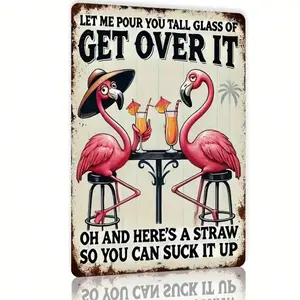 Retro Flamingo Metal Sign – 8x12 Inch Vintage Iron Wall Art – Tropical Bar & Cafe Decor with Flamingos and Cocktails – Playful Beach House Decor for Home Bars, Outdoor Spaces, Coffee Shops