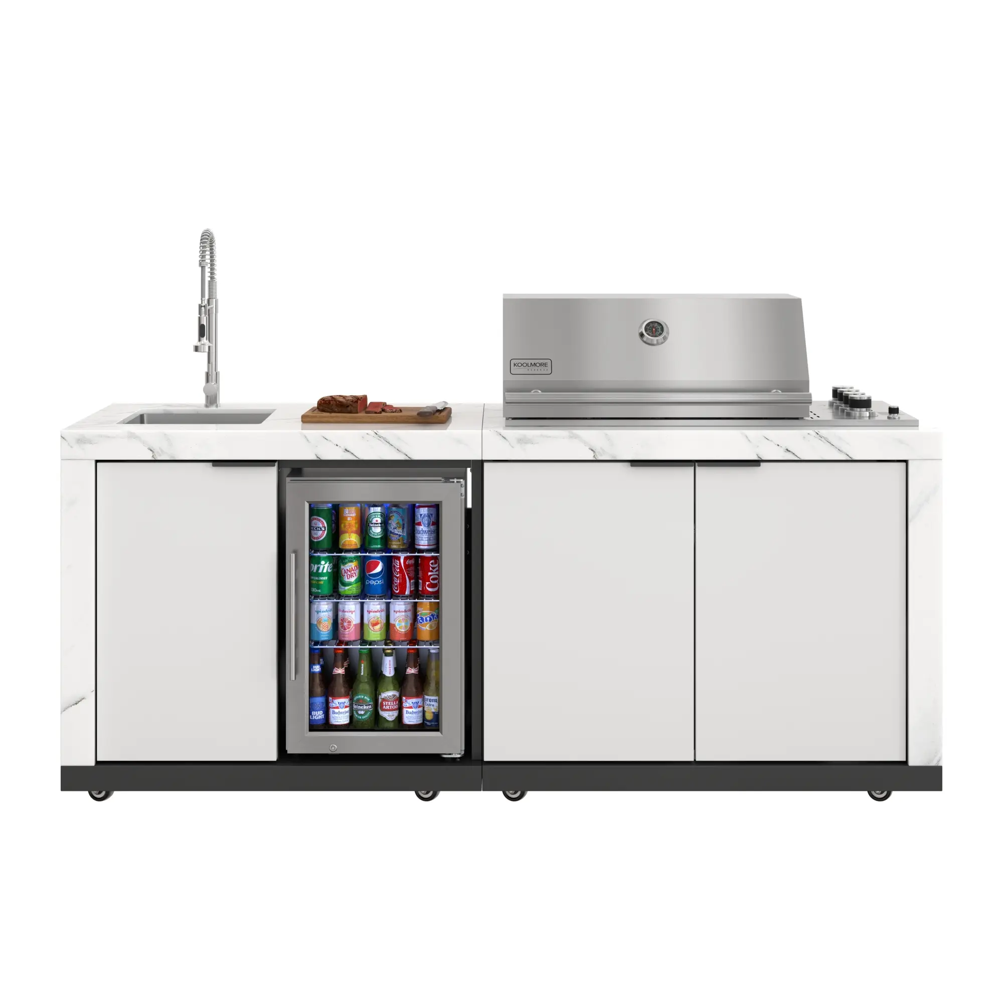 83 in. Outdoor Kitchen Suite with White Stone Counters and Sides, 4-Burner Grill, Stainless Steel Sink and Faucet (KM-OKS-3585)