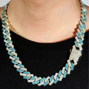 High Quality Hip Hop Necklace Plated 18K Gold Environmental Alloy Blue and White Rhinestone Cuban Chain Necklace Cool Gift for Men/Women