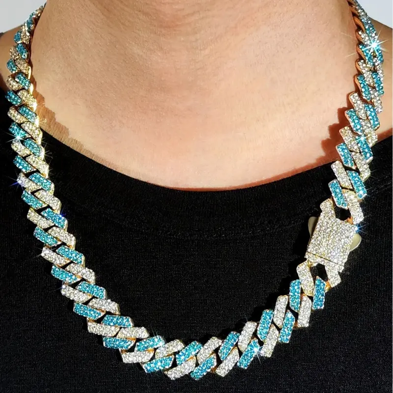 High Quality Hip Hop Necklace Plated 18K Gold Environmental Alloy Blue and White Rhinestone Cuban Chain Necklace Cool Gift for Men/Women