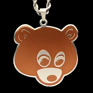 College Dropout Bear Necklace 1.25" Mirror Polished Yeezus Pendant Laser Carved Stainless Steel Brown Enamel Choice of Chain Free Gift Included