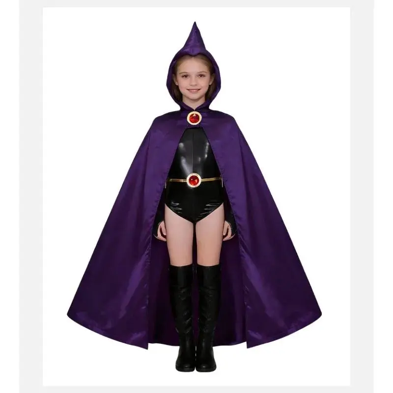 Raven Superhero Cosplay Costume for Women, Stretch Faux Leather Bodysuit with Purple Hooded Cloak and Belt Accessories for Halloween Party, Fits, Fabric, Women's Clothes, Superheroes, Full Body, Crow Boy Titan Raven