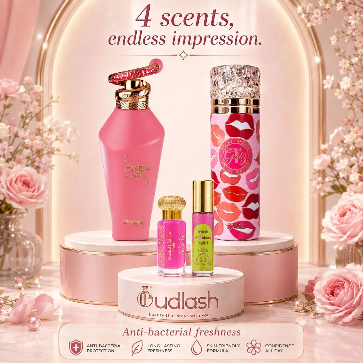 Clean Girl Esthetics | Musk Al Tahara Zahri 12 ML + Musk Al Tahara Zahri Roll On Oil 6 ML + Zimaya Hawwa Pink 100 ML + Z 19 Body Spray 200 ML  | Women's Fragrance | 6 - 200 ML | Sweet - Floral & Fruity Notes