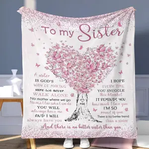 To My Sister Letter & Heart Pattern Blanket, Soft Warming Relaxation Throw Blanket, Bedroom Accessories Decoration Napping Blanket for Home Office Travel