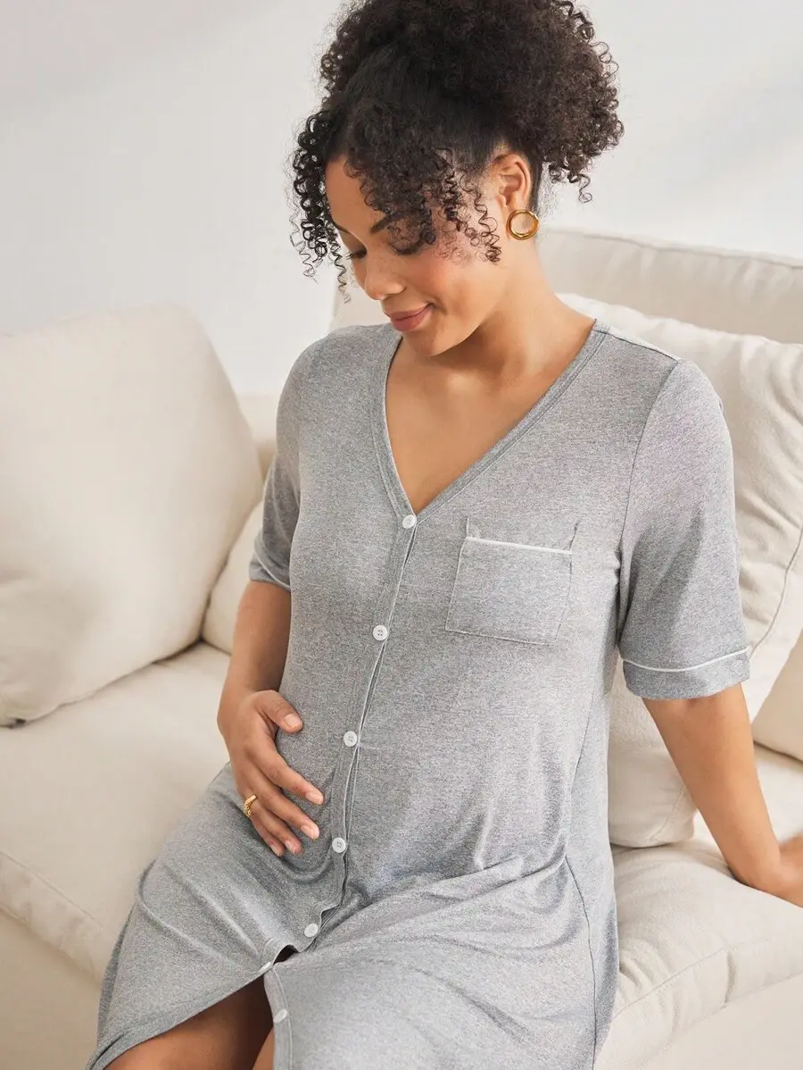 Stride x [FS] Moonlight&Mama Maternity Loungewear - Short Sleeve Top + Knee-Length Jumpsuit Breastfeeding Pajamas Postpartum Loungewear Sleepwear Women Button Front