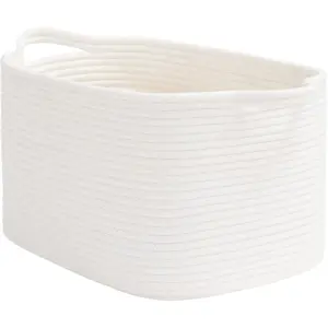 White Woven Rope Basket with Handles, Medium Rectangle Basket for Books, Toys, Towels, Square Decorative Baskets for Living Room, , Shelf Baskets for Bedroom, 13" x 10" x 9"