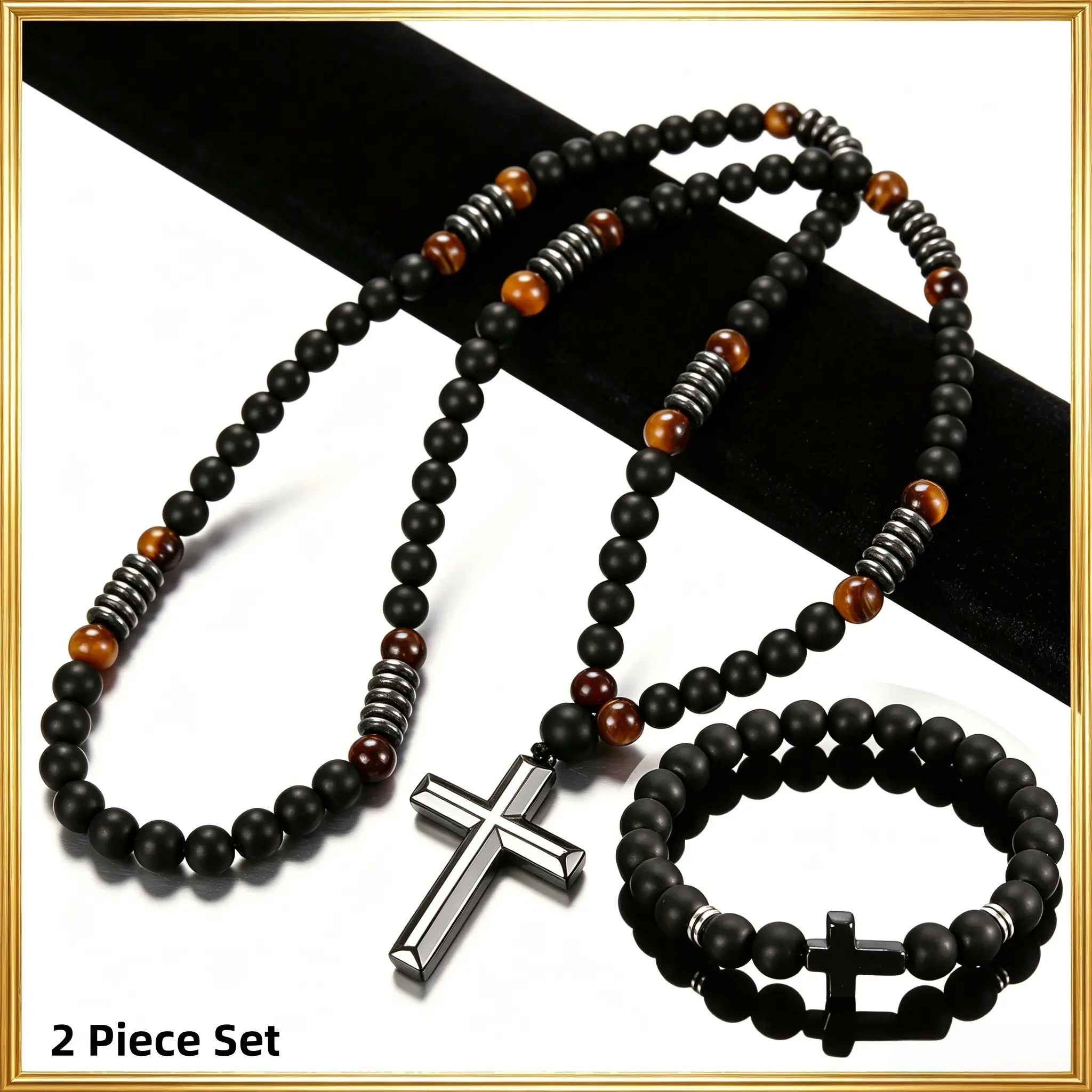 Triple Protection Accessory Set - 8mm Black Onyx, Hematite, Tiger's Eye Beaded Necklaces & 20cm-60cm Adjustable Crucifix Beaded Bracelet, Spiritual Jewelry for Anxiety Relief, Costume Jewelry Gift Set, Necklace Gift Set