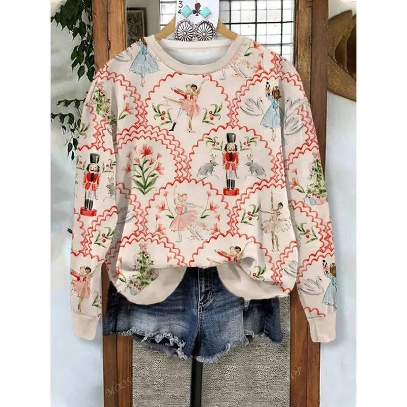 Lady's 2025 Christmas Nutcracker Random Print Oversized Longsleeves Pullover, Spring & Autumn Casual Sports Top, One Piece, Loose Fit Shirts