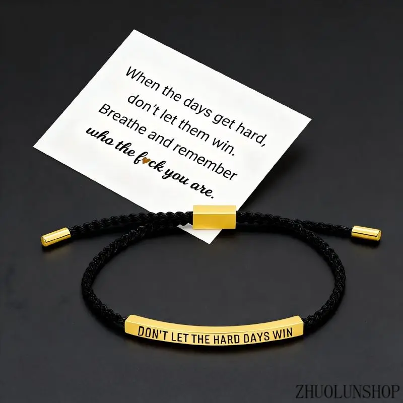 "Don't Let The Hard Days Win" Engraved Bar Charm Adjustable Braided-Rope Bracelet for Women, Motivational Daily-Wear Costume Jewelry, Heartfelt Encouragement Keepsake, Comfort-Fit Sturdy Skin-Friendly Flexible Rope, Stack-Wear Versatile Accessory