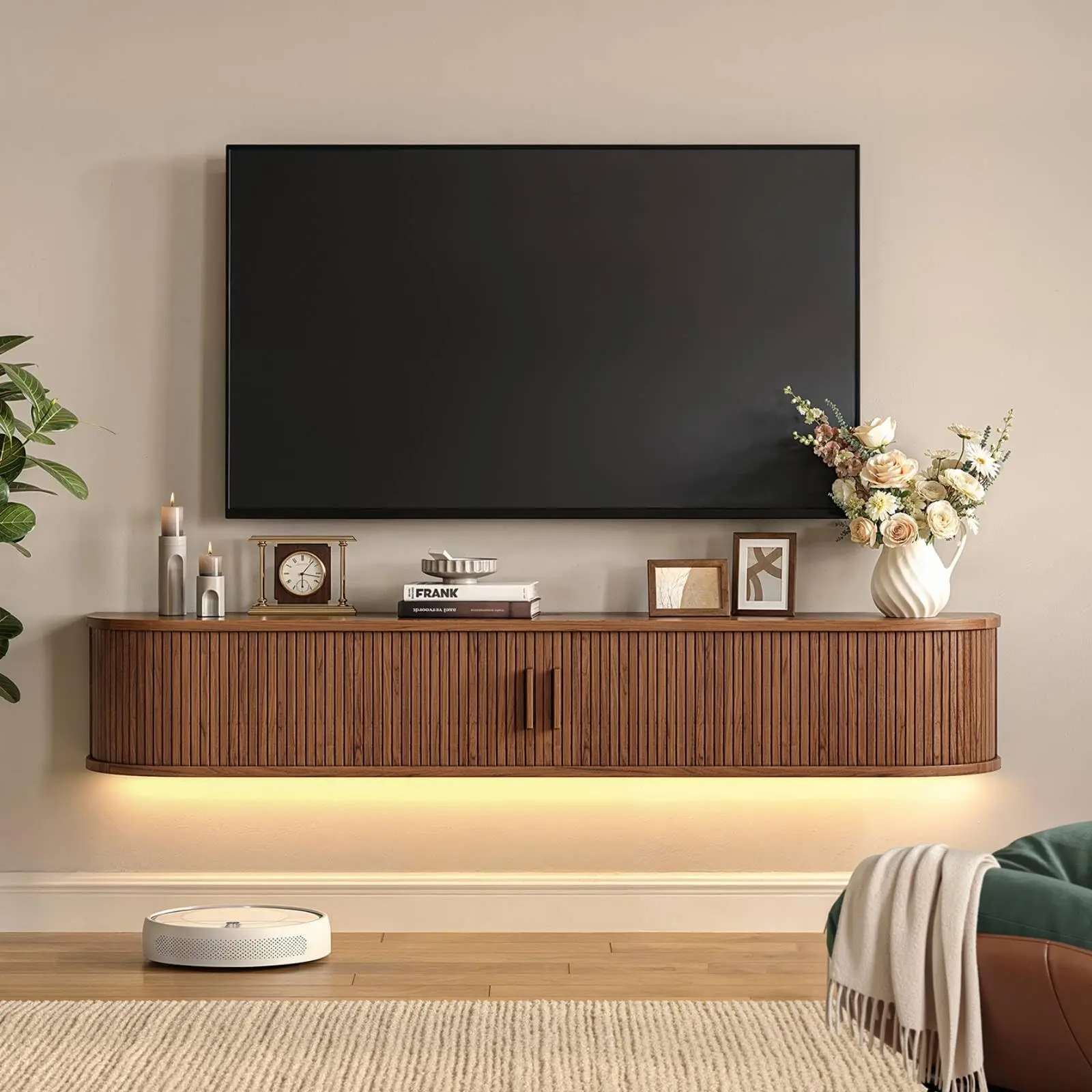 【BackToSchool】ONBRILL 63" Stable Wall Mount Floating Wooden Multifunctional TV Stand - TV Console Table with Power Outlet, LED Lights Remote, Sliding Door Storage Compartments, Mid-Century Modern Multimedia Centre for 75" TVs (Living Room), Modern Tv Stan