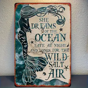 [Vintage Mermaid Tin Sign] Rustic 8x12 in Metal Tin Plaque, Nautical Home & Bar Decor with Ocean Quote, Easy Hang, No Electricity Needed, 1Pc