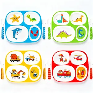 Set of 4 Divided Melamine Dinner Plates for Boys, Shatterproof Kids Dinnerware with Fun Themes (Firefighter, Dinosaur, Construction, Sea Animal), Perfect for Picky Eaters, Toddler Essentials, gift