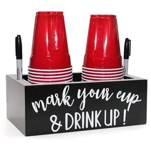 Cup Holder with Marker Slot, Wood Disposable Cup Rack, Mark Your Cups and Drink Plastic Cup Storage Box, Wedding Party Kitchen Decor, Bathroom Organizer, Bathroom Organizing Accessories