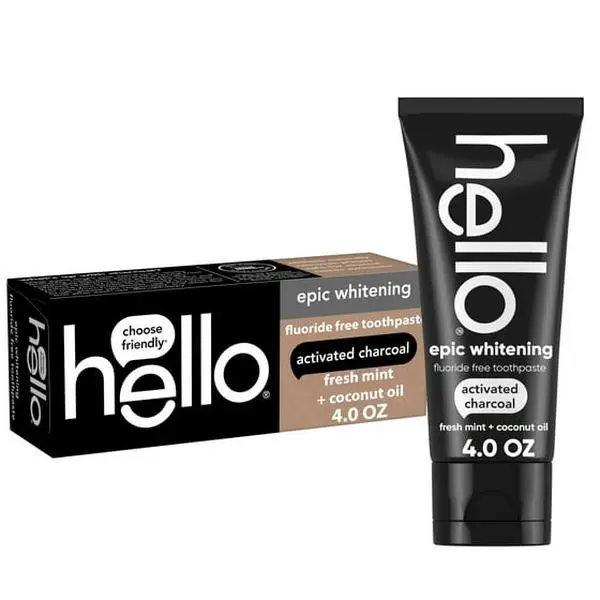 hello Pasta Dental Blanqueadora Épica sin Flúor con Carbón, Menta Fresca, Tubo de 4.0 Oz