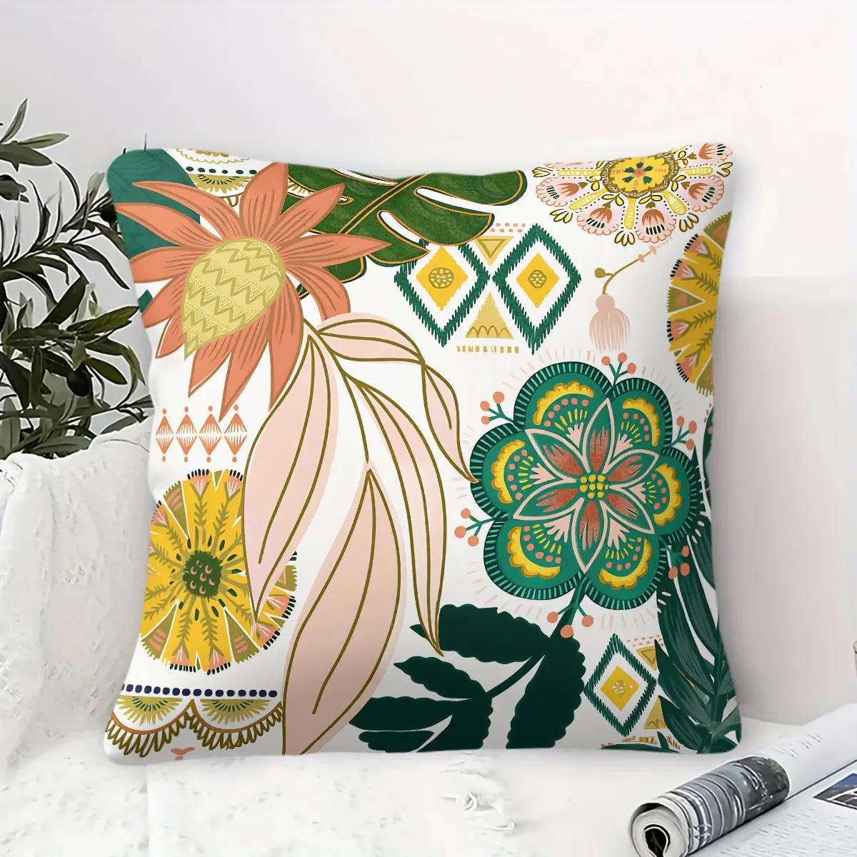 Bohemian Tropical Floral Throw Pillow,Decorative Cushion with Pillow Core,Ethnic Geometric Print Accent Pillow for Couch Sofa Bed Living Room,Soft Plush Boho Aesthetic Pillow for Home Decor,Perfect Housewarming Gift, Soft Cushions