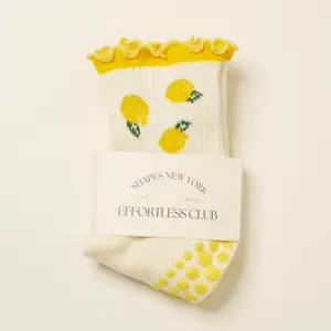 Shapes Studio Crew Effortless Club Half Calf Grip Socks, The Cutest Fruits Pilates Socks, Non-Slip Socks, Barre Yoga Fitness, Lemon Printed