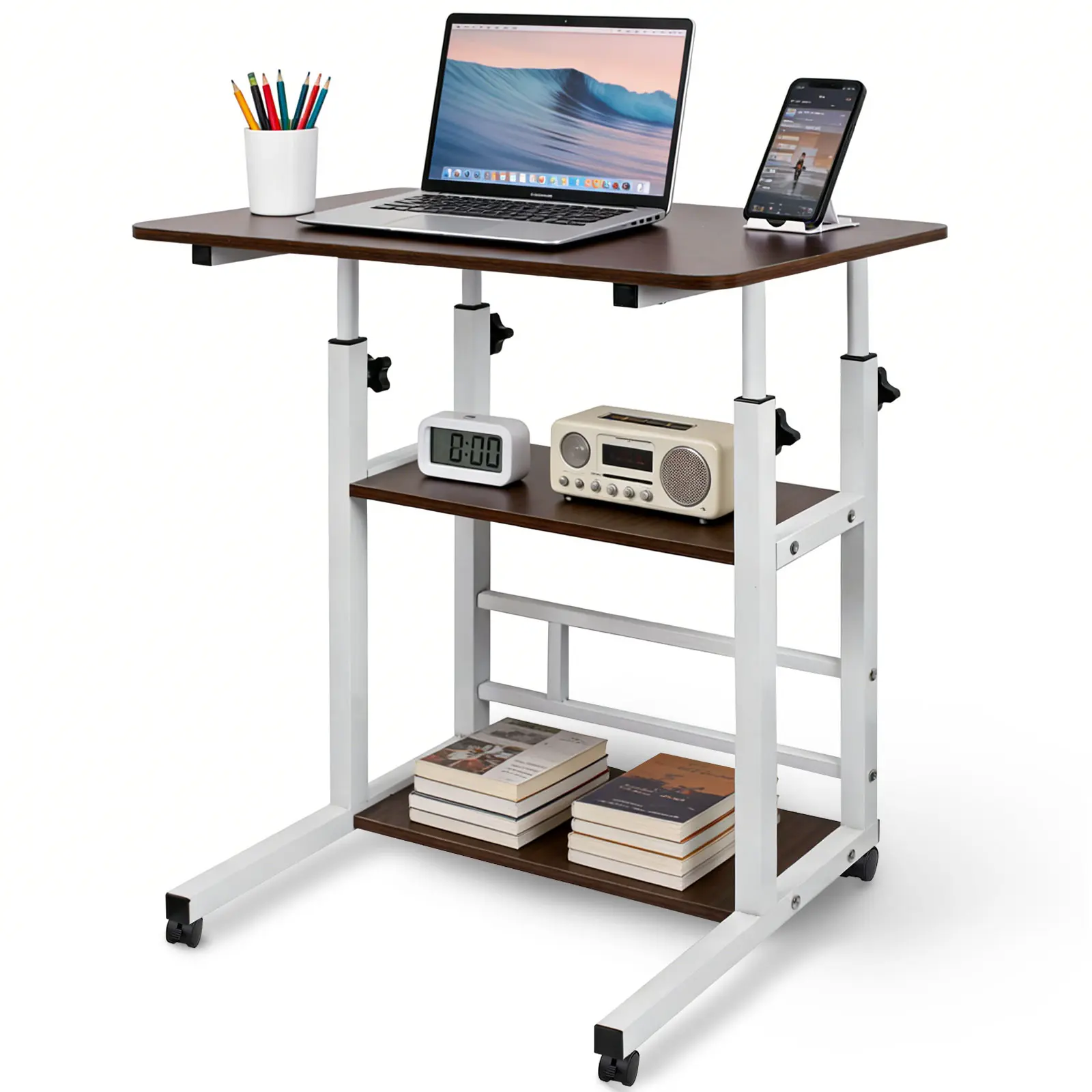 Portable Rolling Desk on Wheels Adjustable Height Desks for Small Spaces, 32" Computer Desk Drafting Tables with Storage Shelves for Home Office Rustic