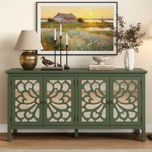RoyalCraft Carved Sideboard Cabinet with Storage, 63'' Modern Buffet Cabinet with Mirrored Door and Adjustable Shelves, Accent Cabinet for Entryway, Dining Room, Living Room, Kitchen, Bathroom
