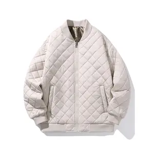 Men's Black Diamond-Pattern Quilted Menswear Jacket - Casual Polyester Zip-Up Tops with Baseball Collar, Longsleeves, Pockets, Zippers, Lightweight Warm for Casual Attire