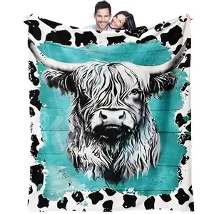 Vintage Highland Cow Print Blanket, Lightweight Flannel Blanket, Soft and Warm Flannel Sofa Bed Throw, Rustic Home Decor, the Perfect Holiday Gift for Family and Friends Who Love Farm Animals