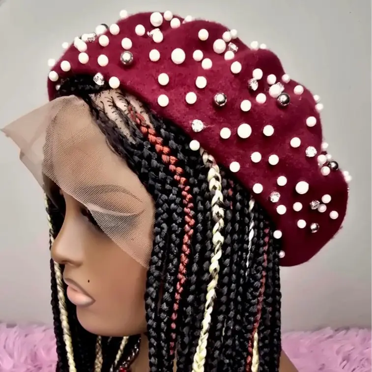 Women’s Bold Burgundy Felt Beret - Pearl-Embellished, Lace Front Long Multicolour Box Braids - Ideal for Party, Everyday Wear
