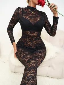 Women's Elegant Jumpsuit, Lace Sheer Long Sleeve, High Neck, Leaf Print, Party Night Outwear, All Seasons Fashion