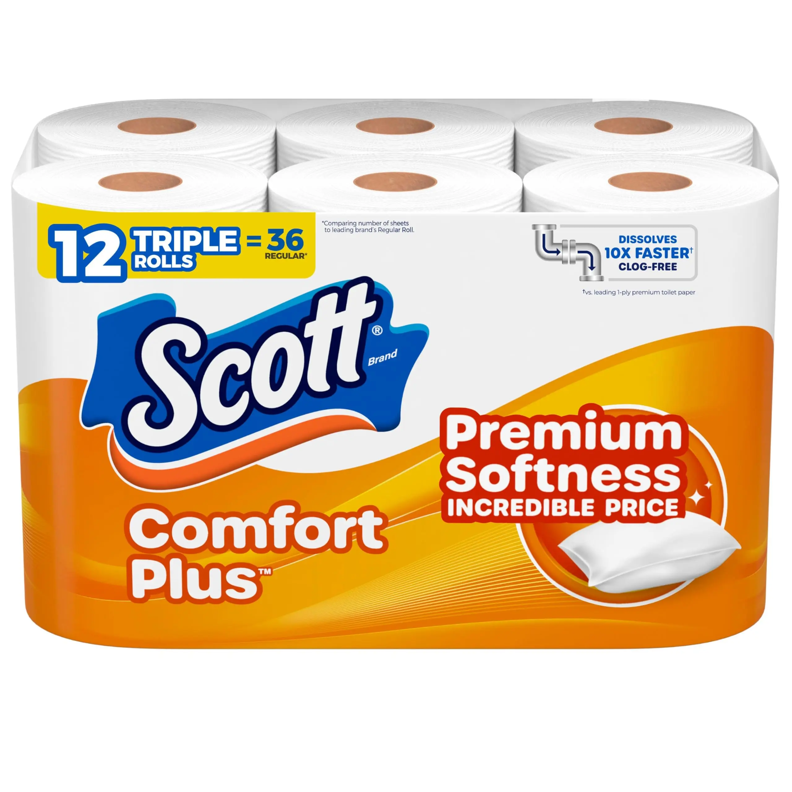 Scott ComfortPlus Toilet Paper, 12 Triple Rolls, 231 Sheets Per Roll, 1-Ply Bath Tissue, Septic-Safe