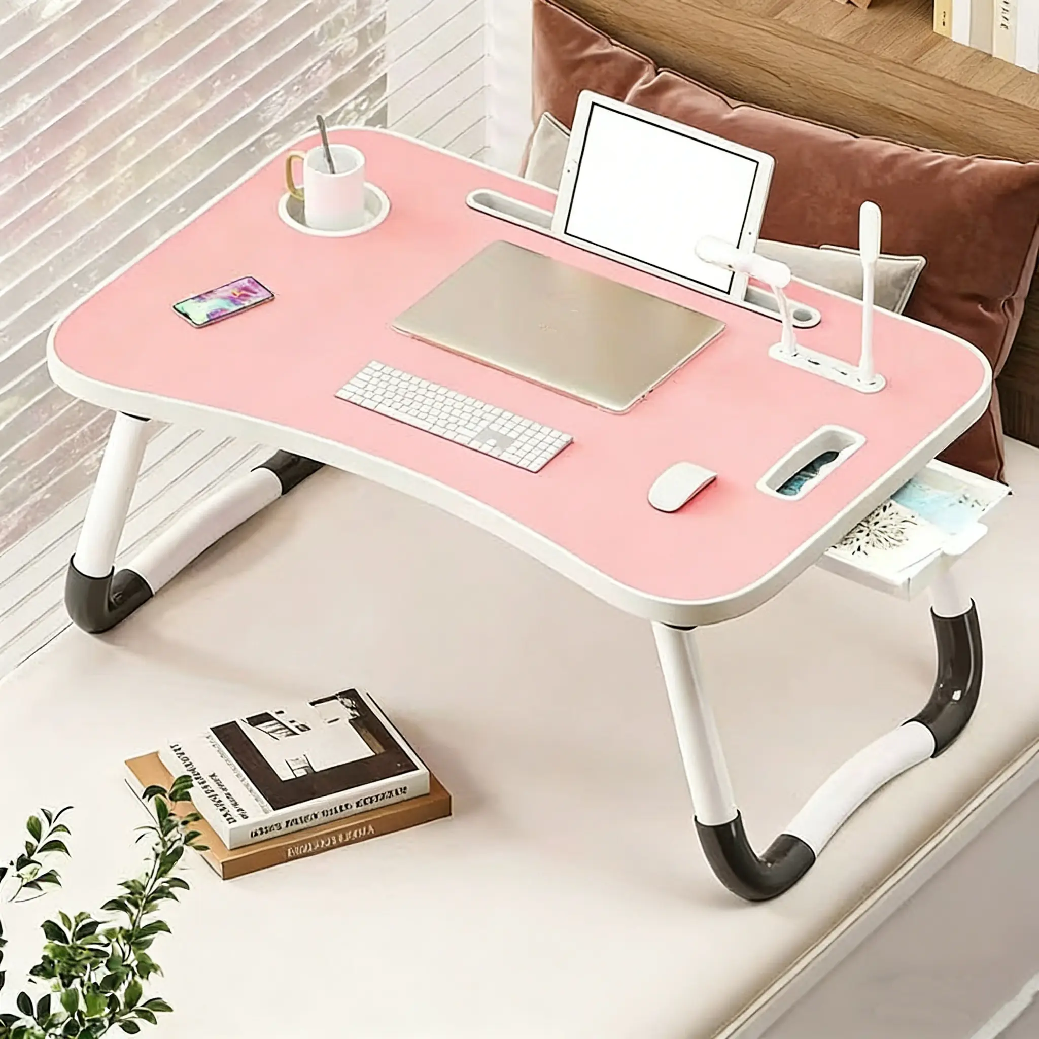 Portable folding laptop desk with 4 USB ports, a storage drawer, and cup holders. Featuring a sturdy, modern design, it’s perfect for use on beds, sofas, or the floor—ideal for working, reading, writing, and dining.