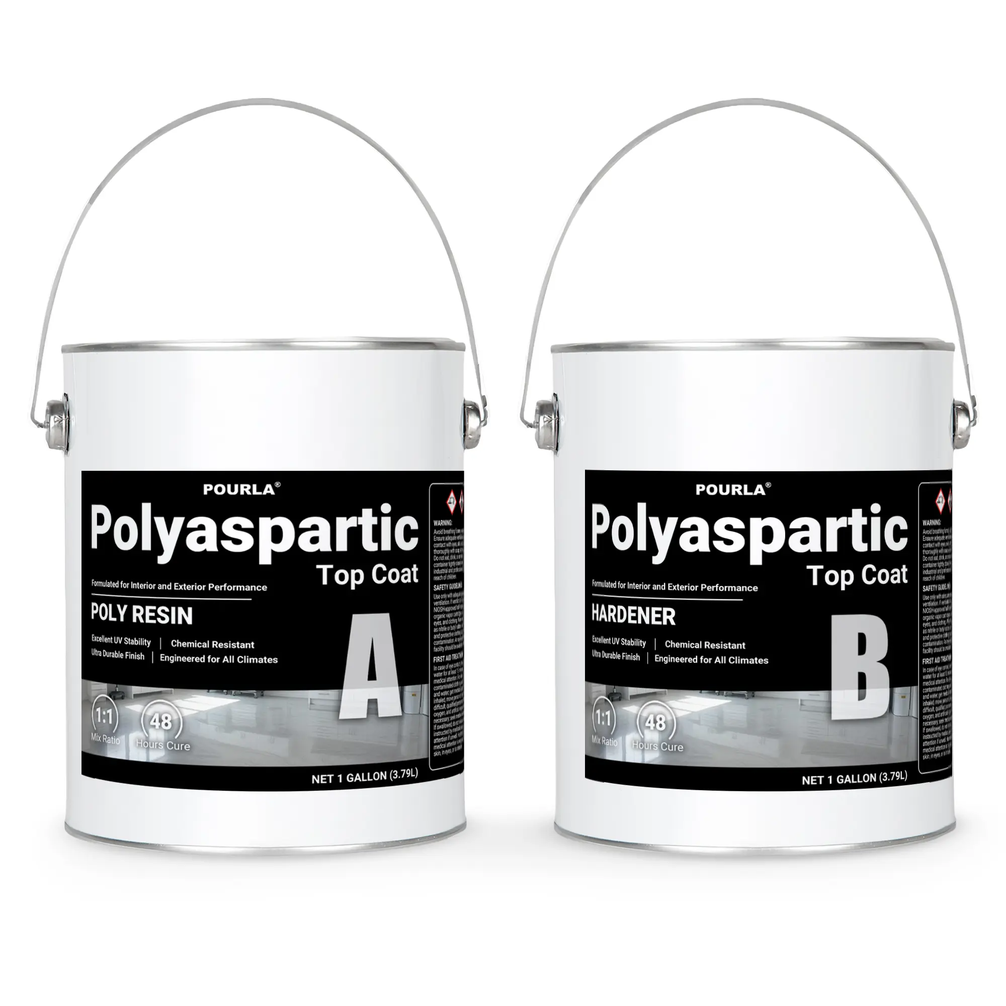 POURLA UltraShield Polyaspartic Top Coat 2 Gallon Kit – 1:1 Mix, Fast-Cure Industrial Clear Gloss, UV-Stable High-Durability Coating for Garage, Basement & Concrete Floors