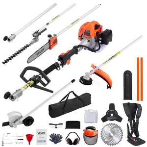 6-in-1 F26-B Handheld Gas Multi-Tool (26cc 2-Cycle Engine) with Aluminum Parts, Cutting Blades, Grass Trimmer, Hedge Trimmer, 3T/40T Brush Cutter, Edger, Pole Saw, Extension Pole, Handle, Protective Gear Set for Lawn Maintenance