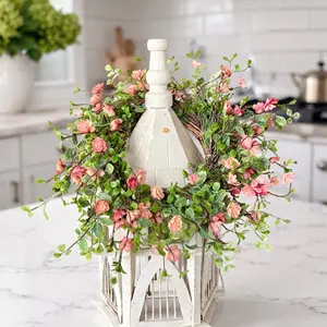 Pink Floral Candle Wreath, Mothers Day Wreath, Pink Vine Wreath, Mini Wreath, Kitchen Cabinet Wreath