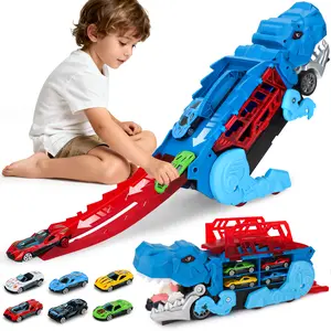Dinosaur Car Race Track Toy with 12 Alloy Cars, 45" Foldable Track & Launch Button, Transforming Dino with Swallow Action, 2-Player Racing Toy, Perfect Birthday Gift for Kids Boys & Girls