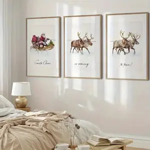 3-Piece Christmas Santa Reindeer Winter Posters, Vintage Canvas Prints for Dorms, Apartments, Hotels, Living Rooms, Bedrooms Decor Gift