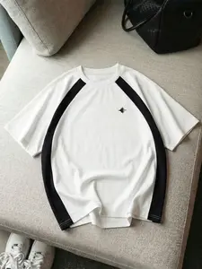 Men's Color Block Star Graphic Short-Sleeve T-Shirt, Casual Crew Neck Top, Suitable For Streetwear And Summer Daily Outfits