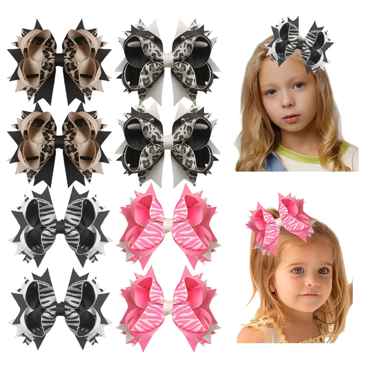 JoyBowie 8pcs Animal Print Hair Bows for Girls, Multi Layer Spiky Grosgrain Ribbon Bow Clips with Alligator Barrettes, Zebra Leopard Pattern Toddler Kids 5 Inch Ponytail Hair Accessories for Birthday Party & Daily Wear