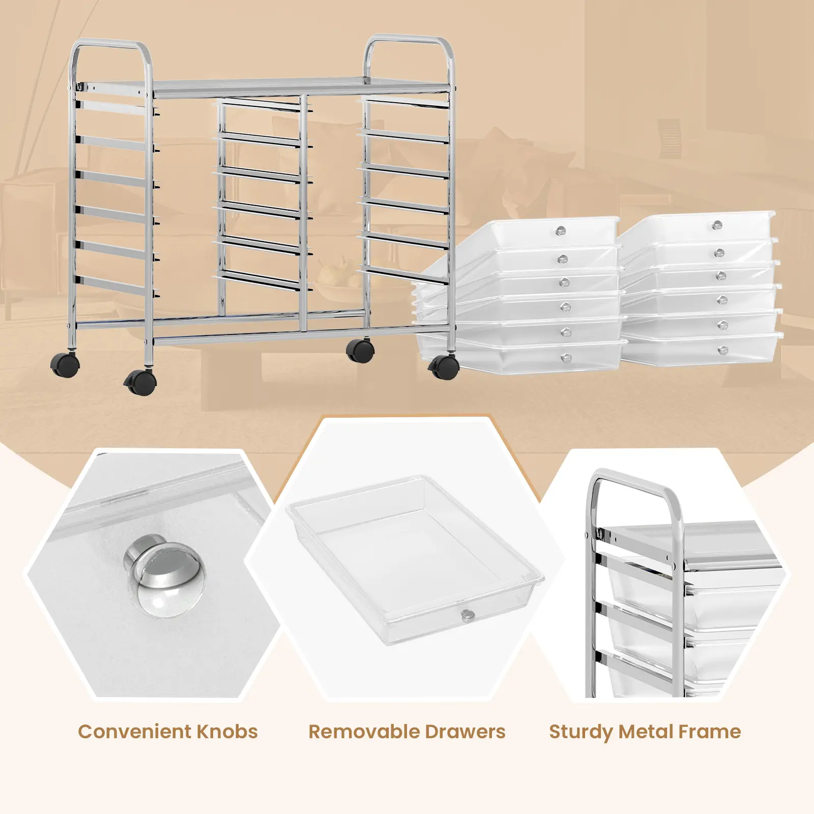 COSTWAY - 12 Drawers Rolling Storage Cart for Home and Office-Transparent