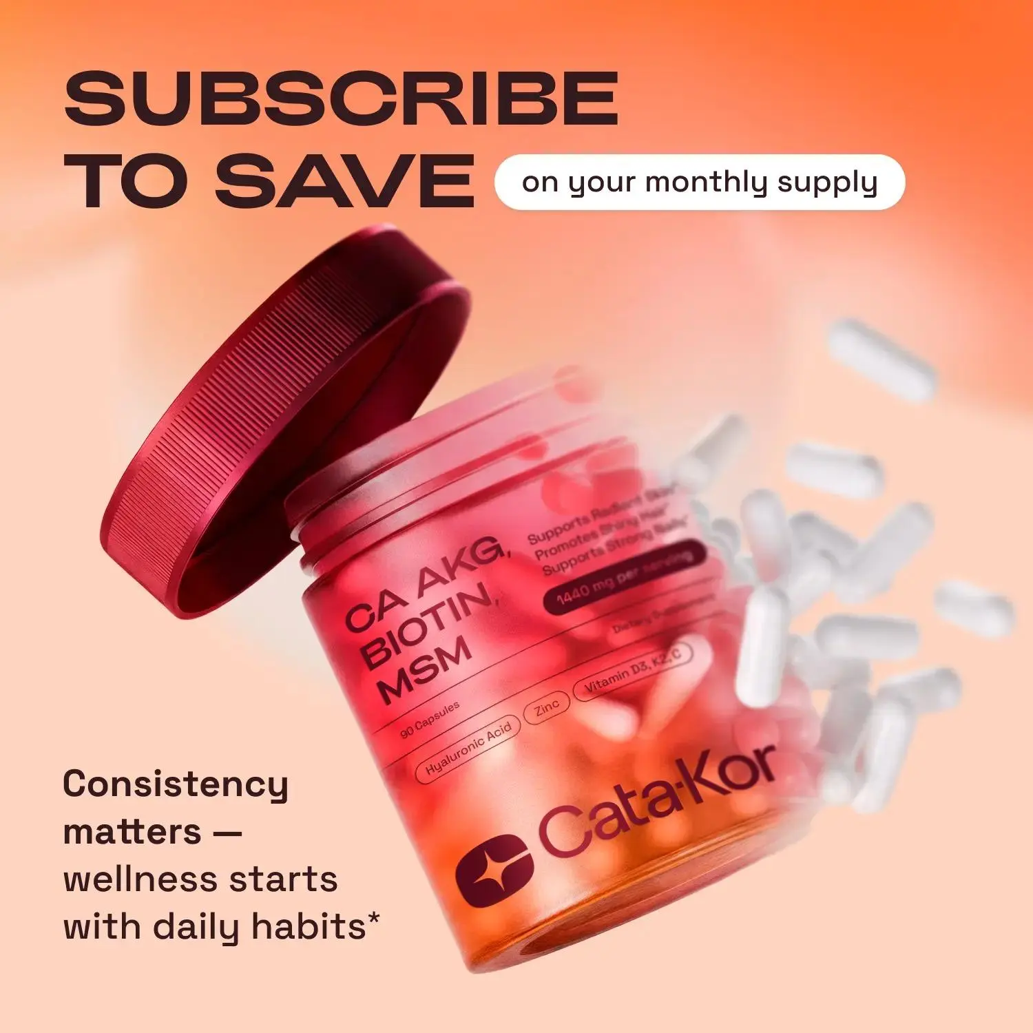 Cata-Kor Skin, Hair & Nails Beauty Complex Capsules - Ca-AKG, Biotin, MSM, Hyaluronic Acid, 1440mg Per Serving, 90 Unflavored Dietary Supplement Capsules