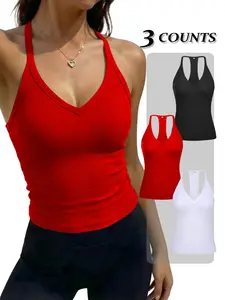 Women's Solid Backless Racerback Tank Top, Casual Sleeveless Deep V Neck Spaghetti Strap Top for Daily Wear, Ladies Clothes for All Seasons, Cute Tops