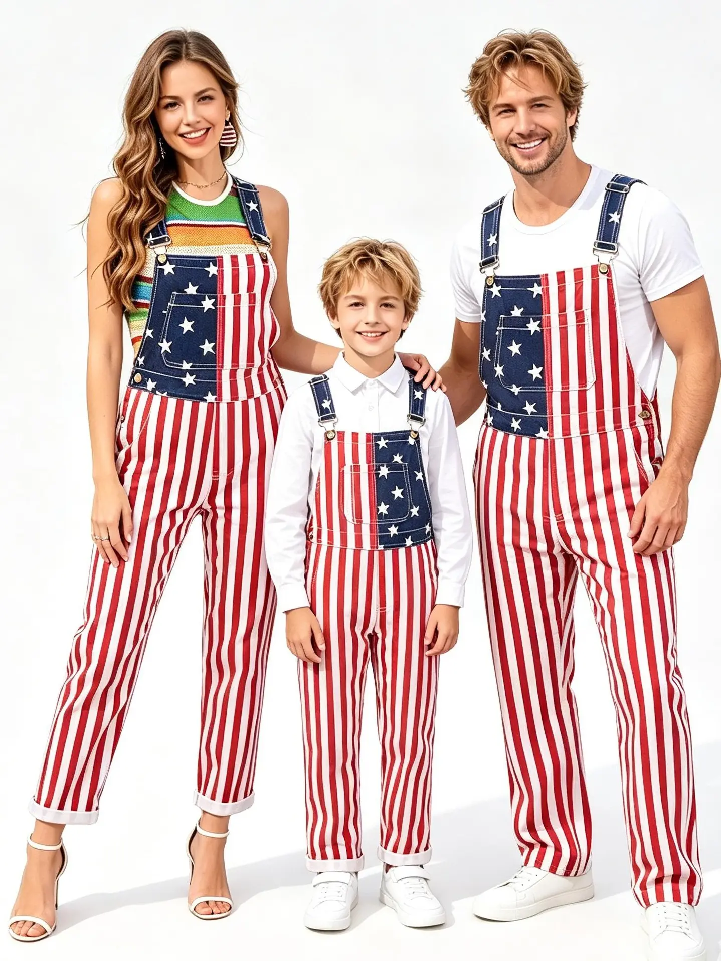 YUANBANG Women's Family 250th Anniversary Stripe Sleeveless Fitted Stretchy Denim Coveralls - 4th of July USA Flag Patriotic Casual Summer Jumpsuits, Memorial Day Workwear, Gifts